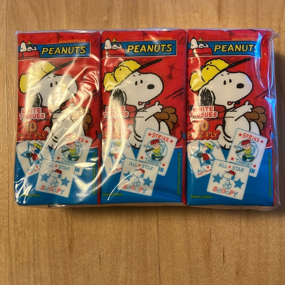 Peanuts All Star Tissues. 6 packs of 10 2 ply tissues.